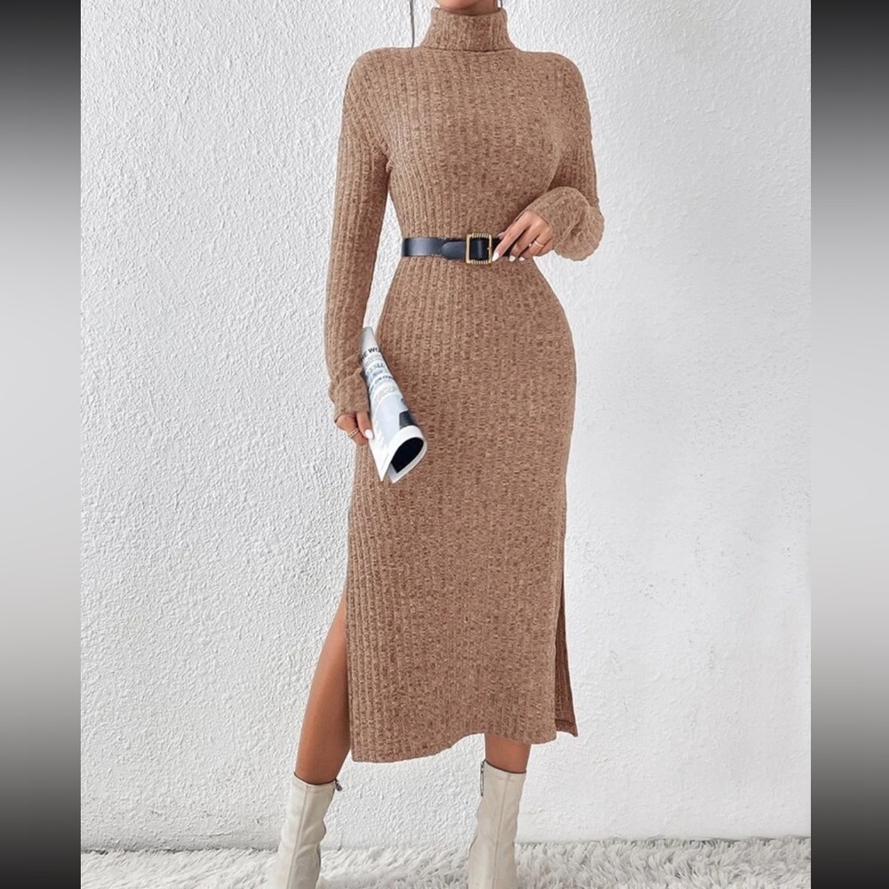 Tan Ribbed Winter Long Sleeve Sweater Dress - Picture 4 of 5